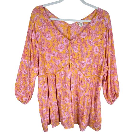 Romantic Gypsy Orange Pink Floral Long Sleeve V-Neck Rayon Flowy Boho Dress 4X - Picture 1 of 9